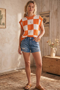 Checkered Knit Sweater Knit in Orange/White
