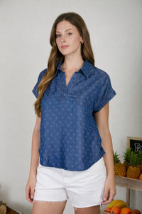 Jacquard Collared SS Chambray Top