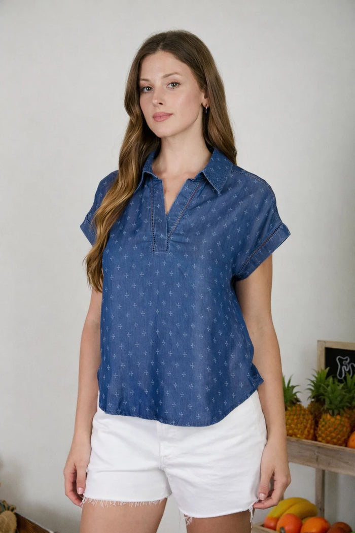 Jacquard Collared SS Chambray Top