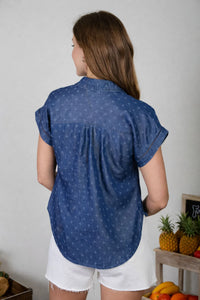 Jacquard Collared SS Chambray Top
