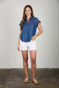 Jacquard Collared SS Chambray Top