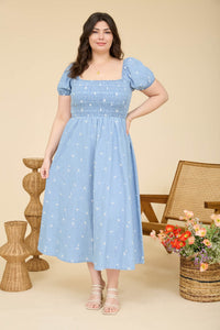 Curvy Floral Embroidery Midi Dress Denim