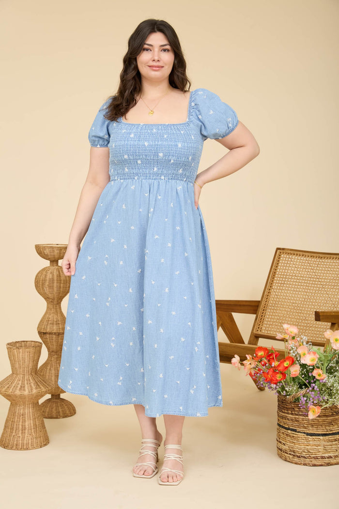 Curvy Floral Embroidery Midi Dress Denim