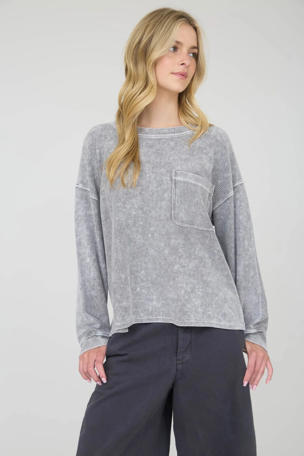 Washed Pocket Detail LS Rib Knit Top- 2 Colors!