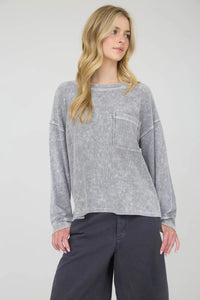 Washed Pocket Detail LS Rib Knit Top- 2 Colors!