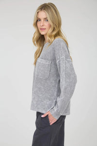 Washed Pocket Detail LS Rib Knit Top- 2 Colors!