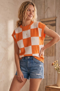Checkered Knit Sweater Knit in Orange/White