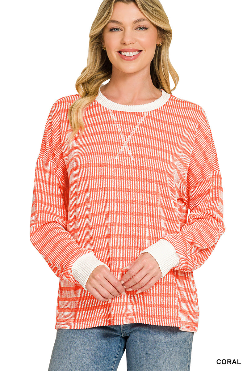 Raised Rib Striped Round Neck Pullover- 4 Colors!
