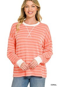 Raised Rib Striped Round Neck Pullover- 4 Colors!
