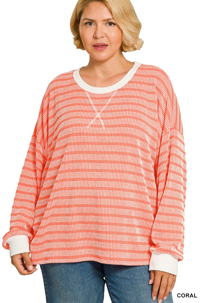 Raised Rib Striped Round Neck Pullover- 4 Colors!