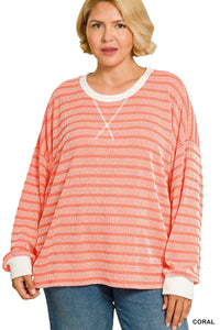 Raised Rib Striped Round Neck Pullover- 4 Colors!