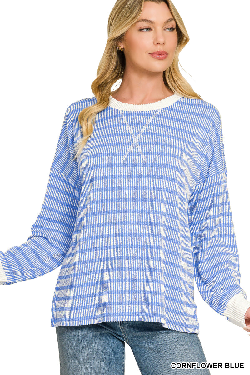 Raised Rib Striped Round Neck Pullover- 4 Colors!