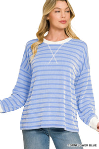Raised Rib Striped Round Neck Pullover- 4 Colors!