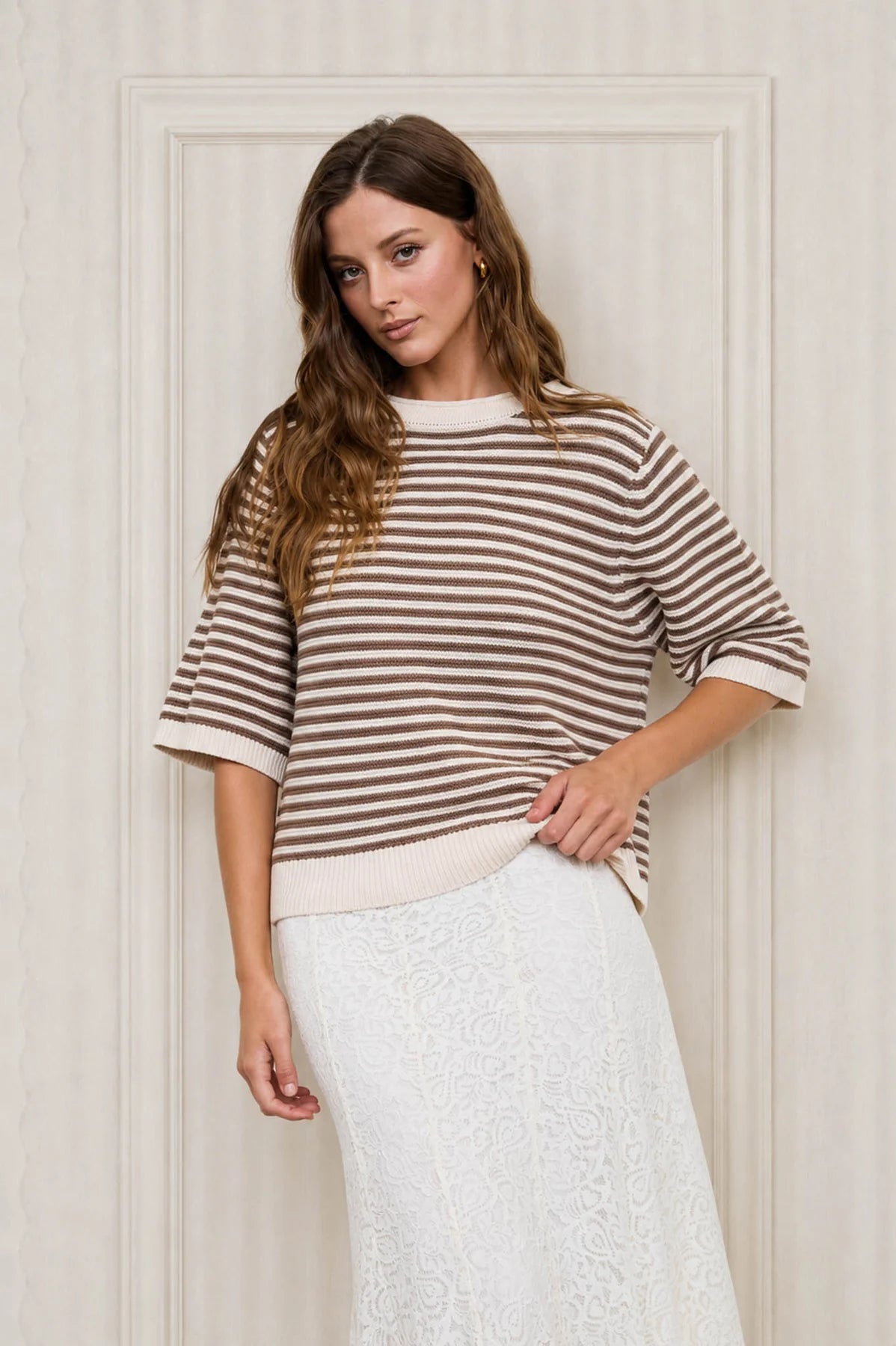 Textured Stripe Crew Neck Half Sleeve Sweater- 2 Colors!