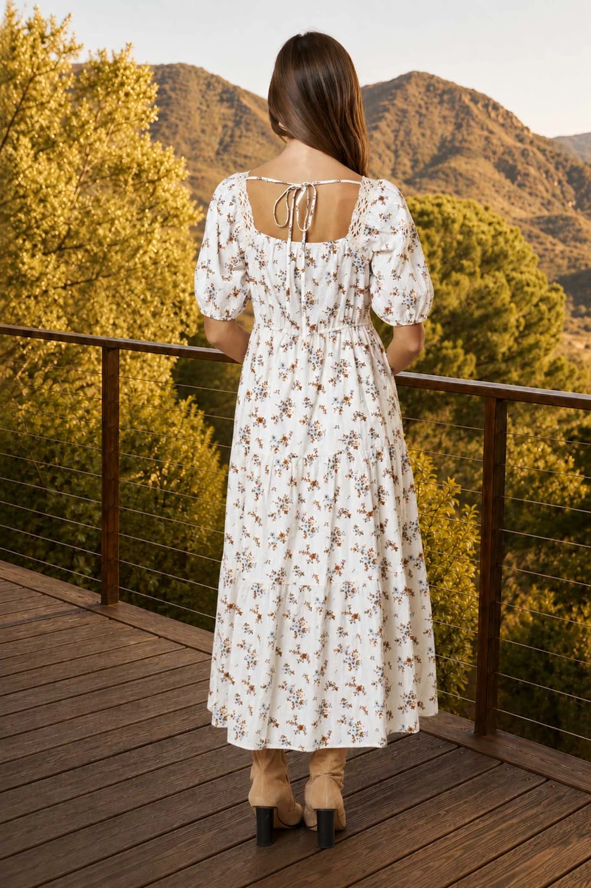 Floral Clip Dot Crochet Lace Trim Midi Dress in Cream Multi