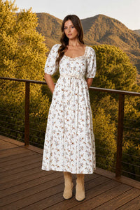 Floral Clip Dot Crochet Lace Trim Midi Dress in Cream Multi