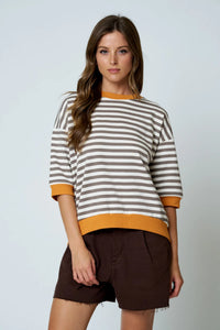Colorblock Trim Stripe Short Drop Sleeve in Deep Taupe Multi