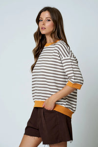 Colorblock Trim Stripe Short Drop Sleeve in Deep Taupe Multi