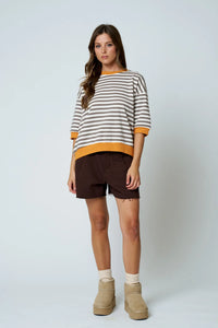 Colorblock Trim Stripe Short Drop Sleeve in Deep Taupe Multi