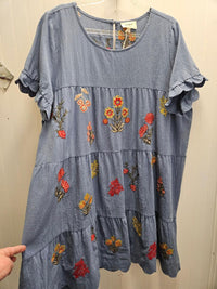 Embroidered Babydoll Curvy Dress in Denim