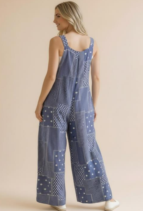 Wide Leg Bib Overalls in Denim Blue