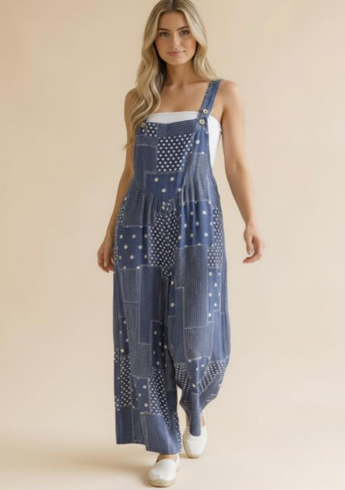Wide Leg Bib Overalls in Denim Blue