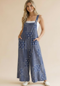 Wide Leg Bib Overalls in Denim Blue
