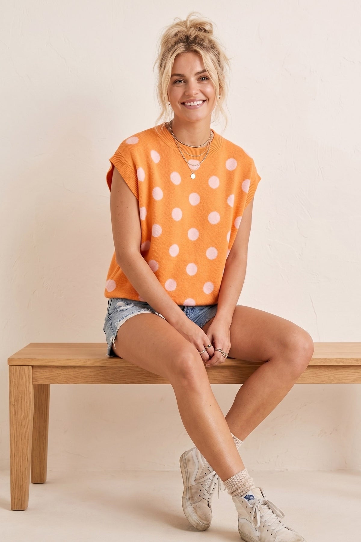 Gameday Polka Dot Sleeveless Knit Top in Orange/White