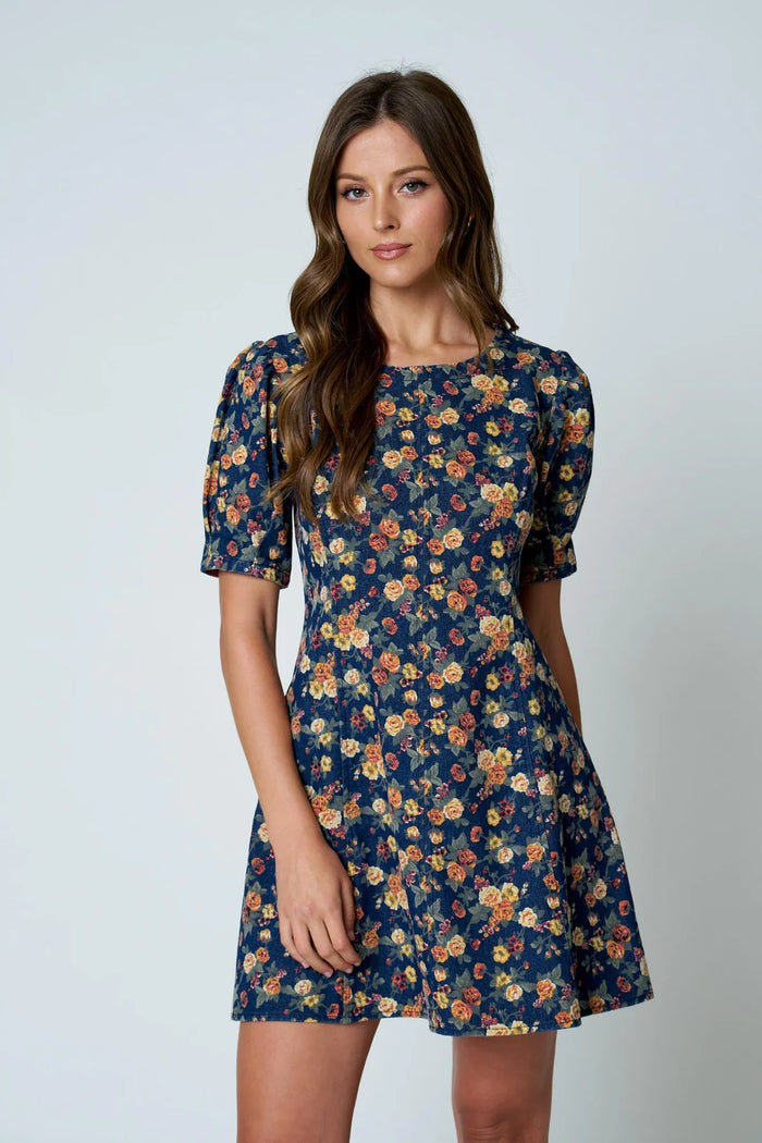 Floral Puff Sleeve Seam Denim Mini Dress