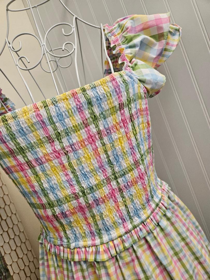 Gingham Flutter Dress in Pastel Multi