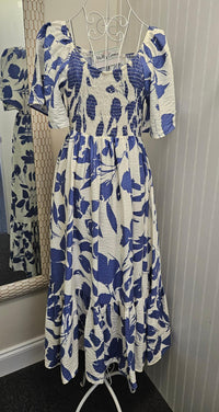 Floral Print Woven Maxi Dress in Blue/Ivory