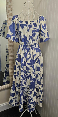 Floral Print Woven Maxi Dress in Blue/Ivory