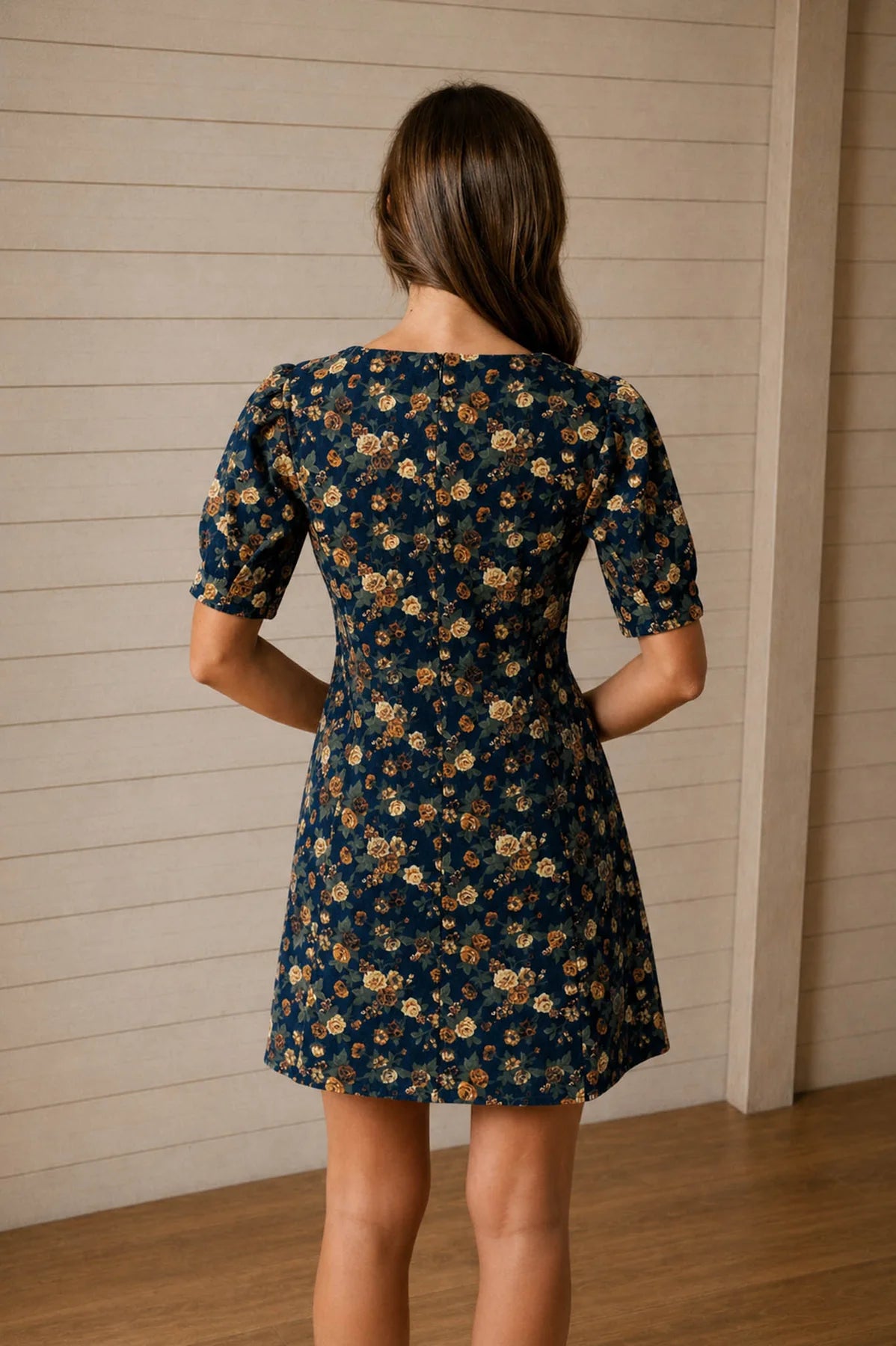 Floral Puff Sleeve Seam Denim Mini Dress