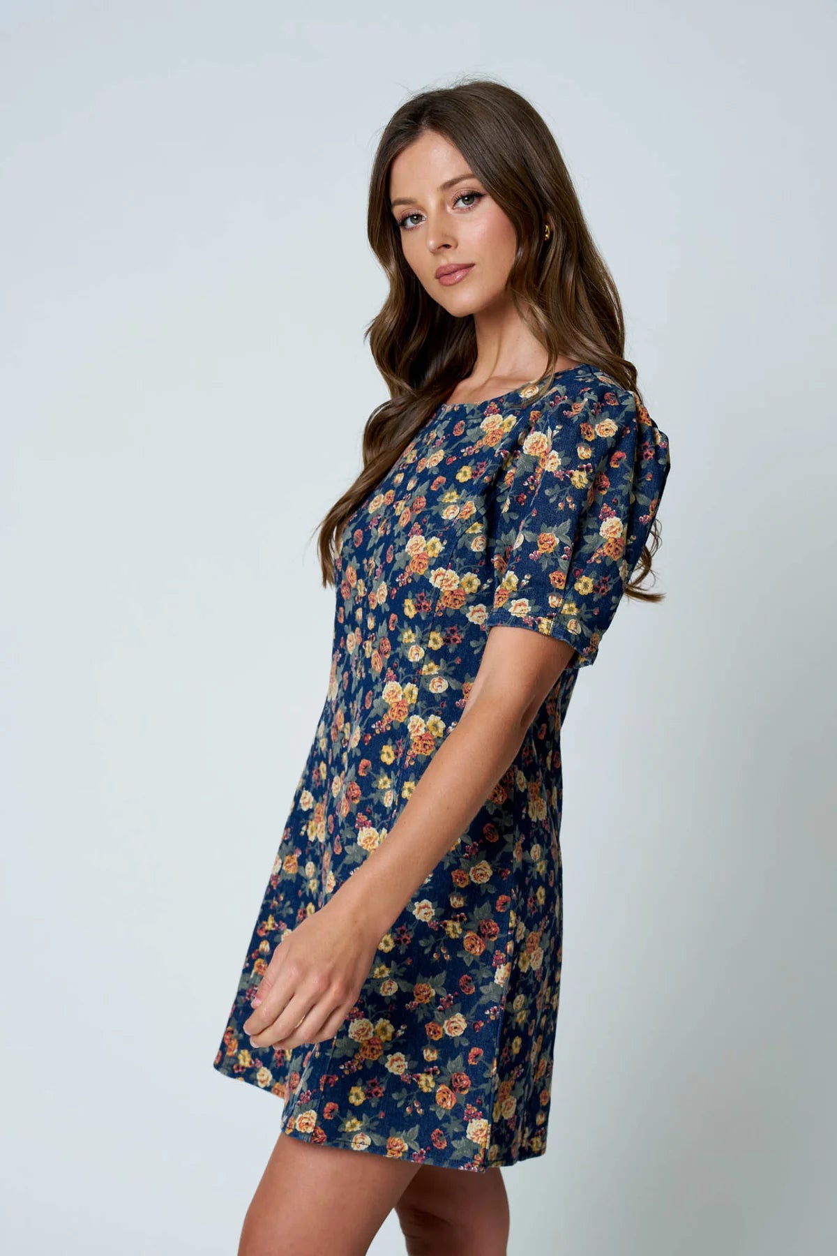 Floral Puff Sleeve Seam Denim Mini Dress