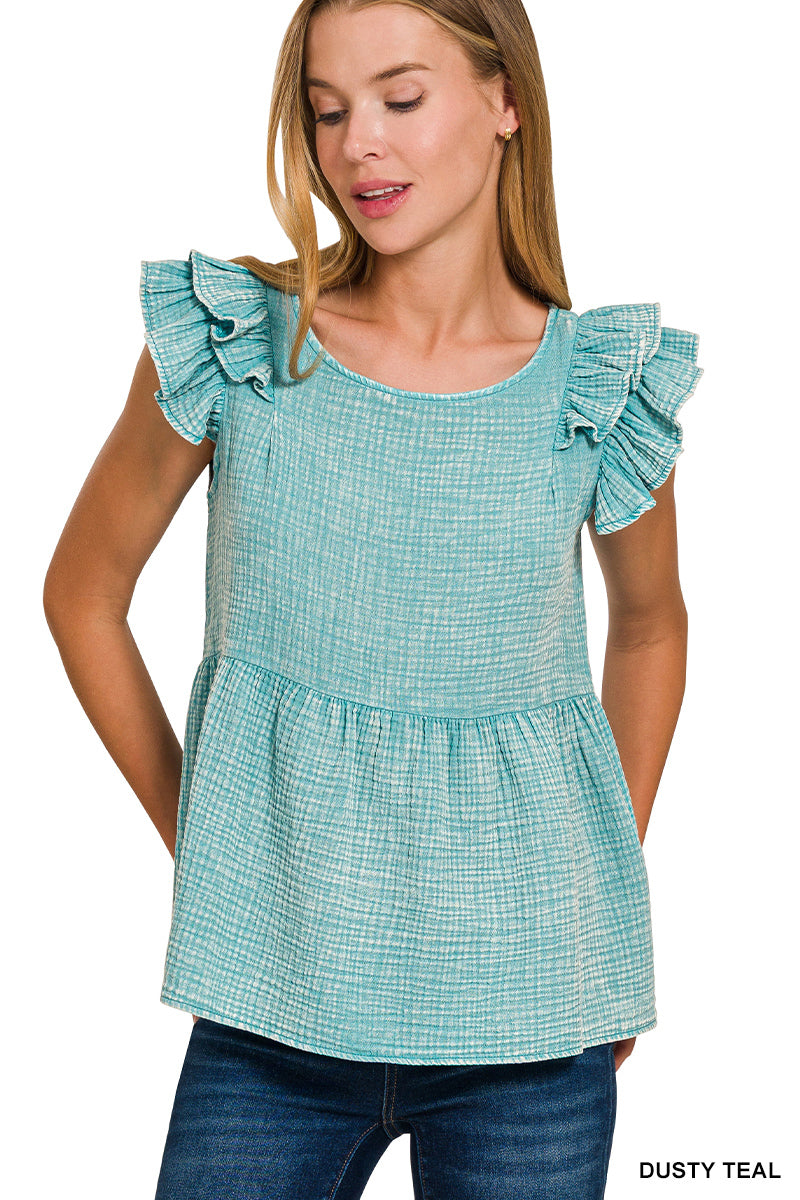 Acid Wash Ruffle Peplum Top - 2 Colors!