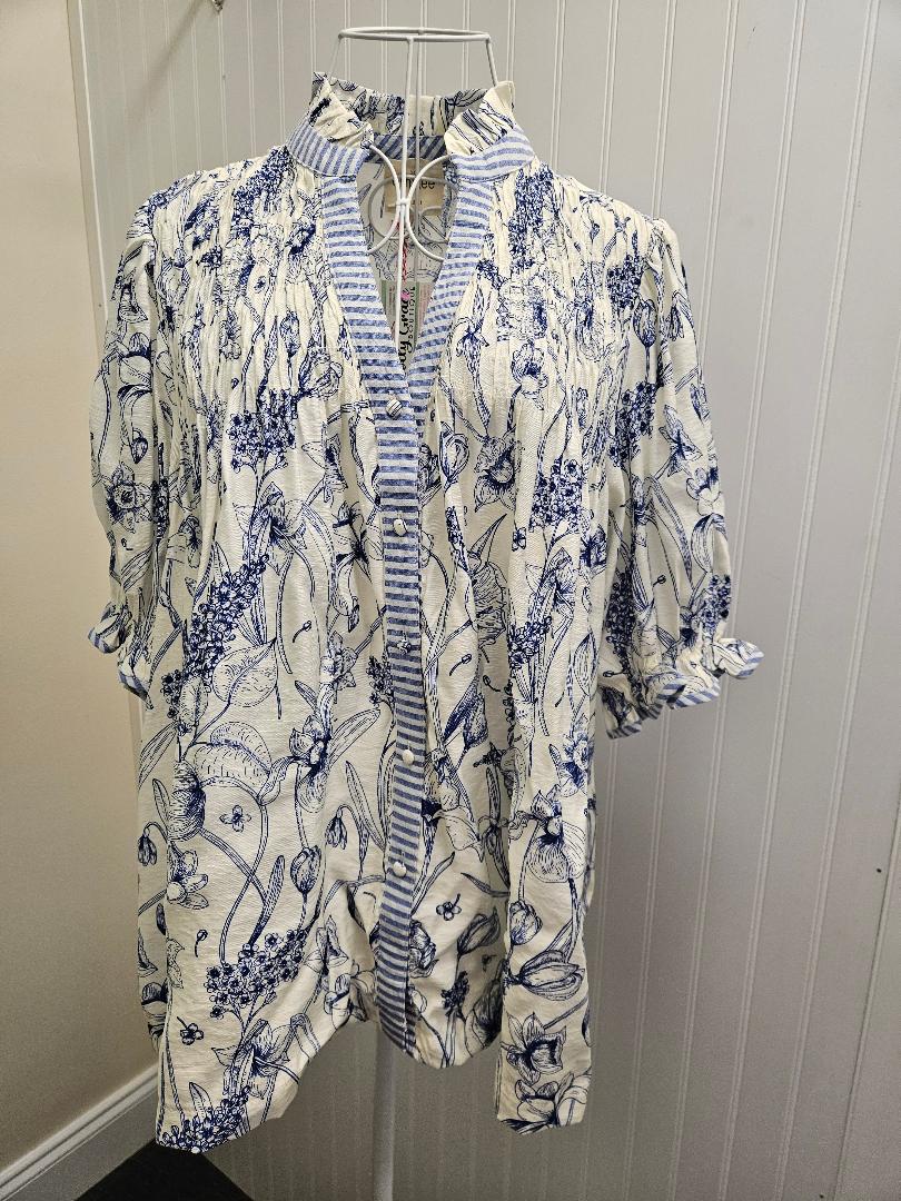 Mixed Print Button Front Top in Blue
