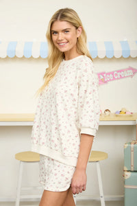Floral SS Crew Neck Knit Top in Ivory Multi