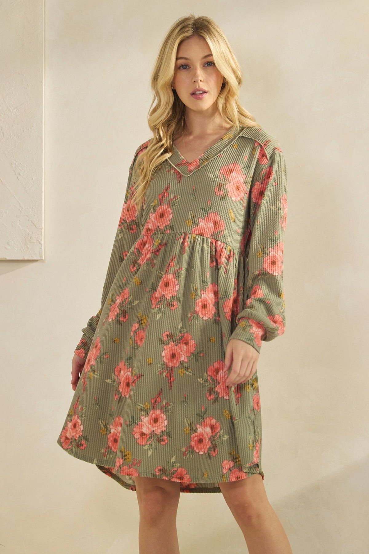 Floral Babydoll Dress in Olive