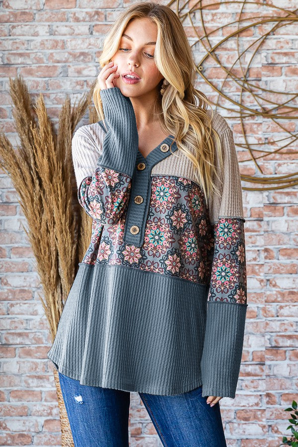 Curvy Waffle Geometric Top in Denim