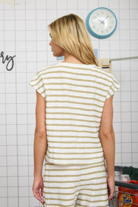 Stripe Round Neck SS Knit Top in Olive