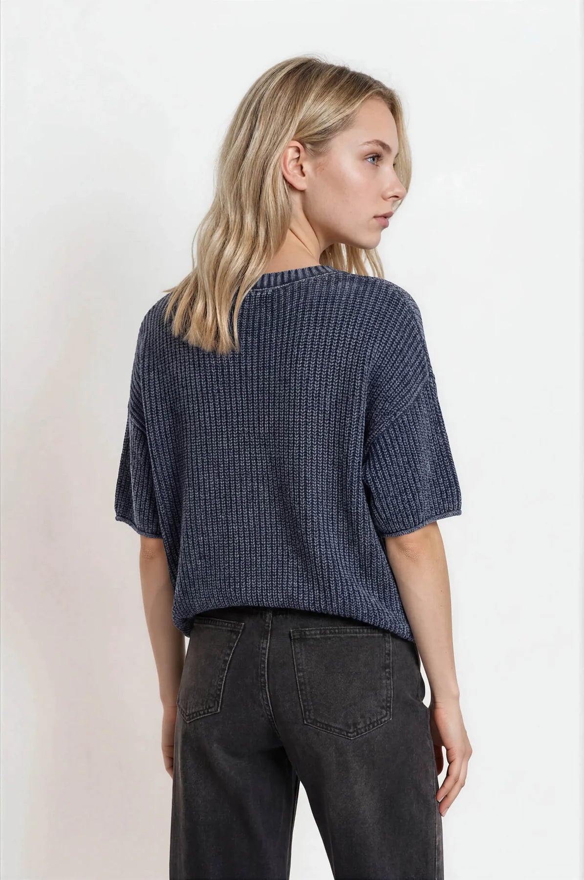 Washed Crew Neck Raw Edge SS Sweater- 2 Colors!