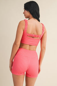 Gingham Print Biker Short Set in Hot Pink
