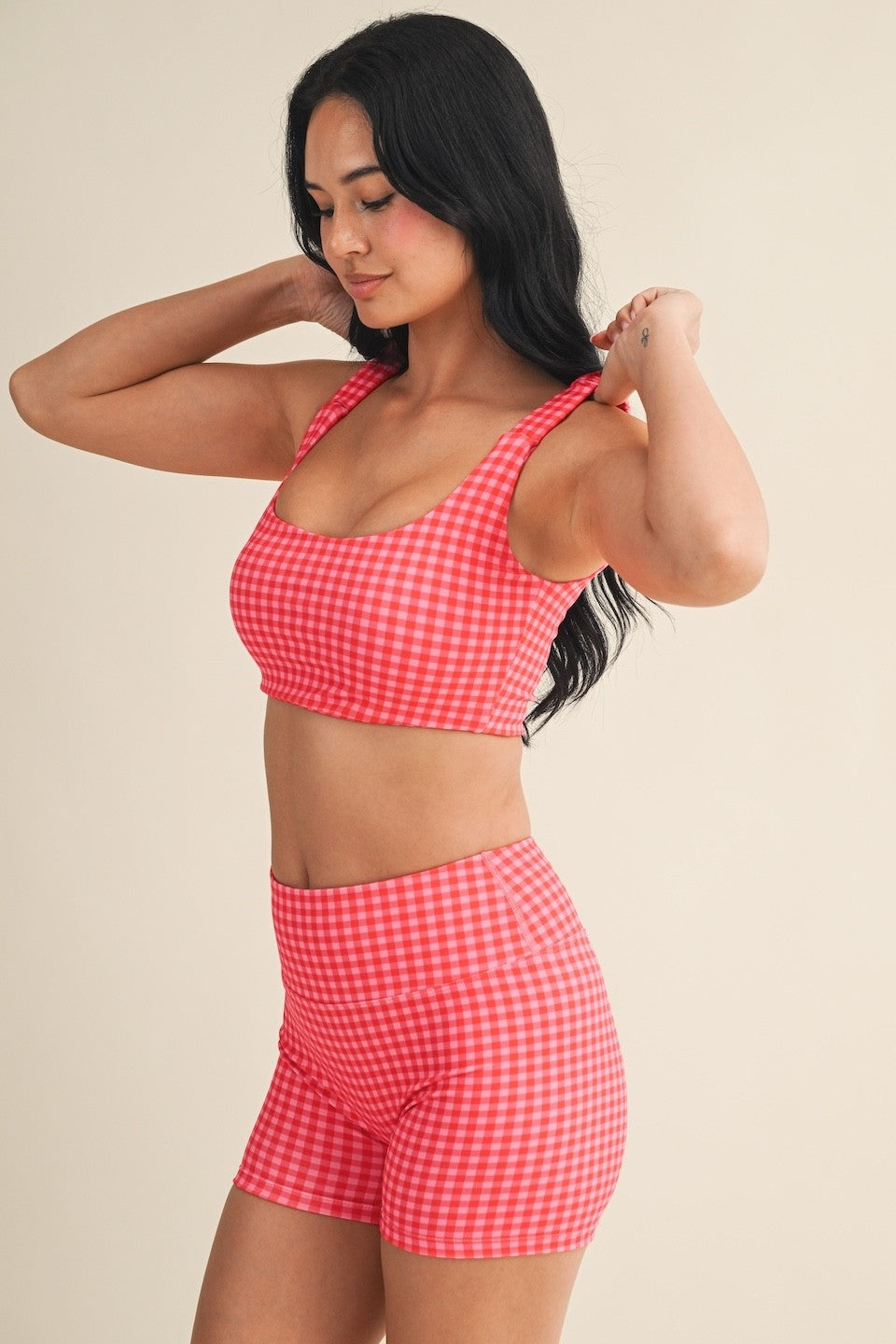 Gingham Print Biker Short Set in Hot Pink