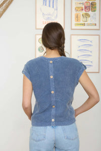 Acid Washed Tab Sleeve Back Button Top- 2 Colors!