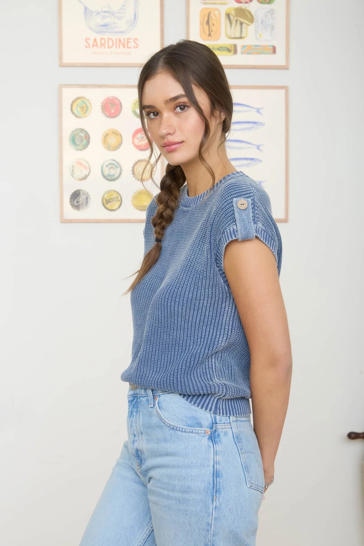 Acid Washed Tab Sleeve Back Button Top- 2 Colors!