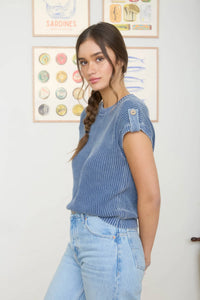 Acid Washed Tab Sleeve Back Button Top- 2 Colors!