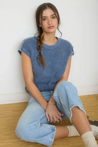 Acid Washed Tab Sleeve Back Button Top- 2 Colors!