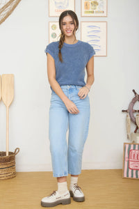 Acid Washed Tab Sleeve Back Button Top- 2 Colors!