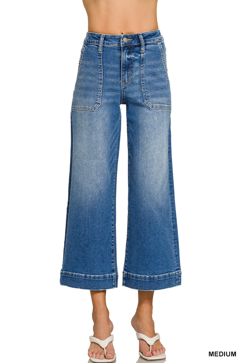 Utility Pocket Cropped Wide Leg Denim Pants MD