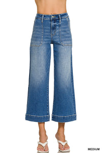 Utility Pocket Cropped Wide Leg Denim Pants MD